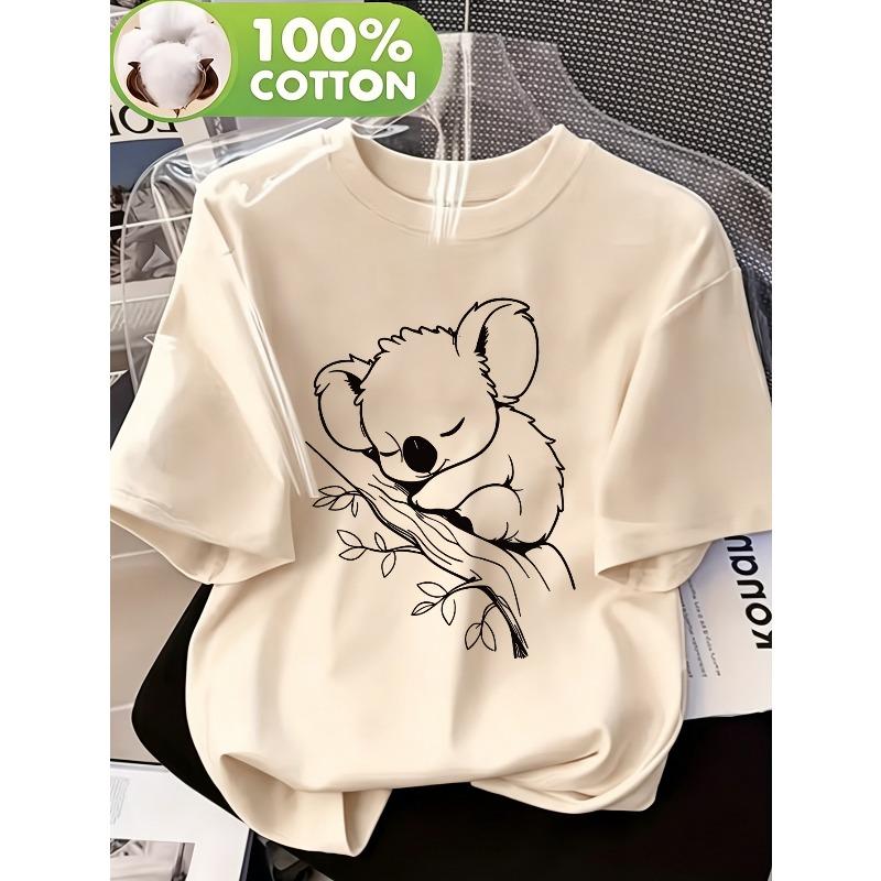 Women's 100% T-Shirt, Cute Sleeping Koala Sketch Print Crew Neck Short Sleeve Tee, Casual Trendy Summer Top, Breathable