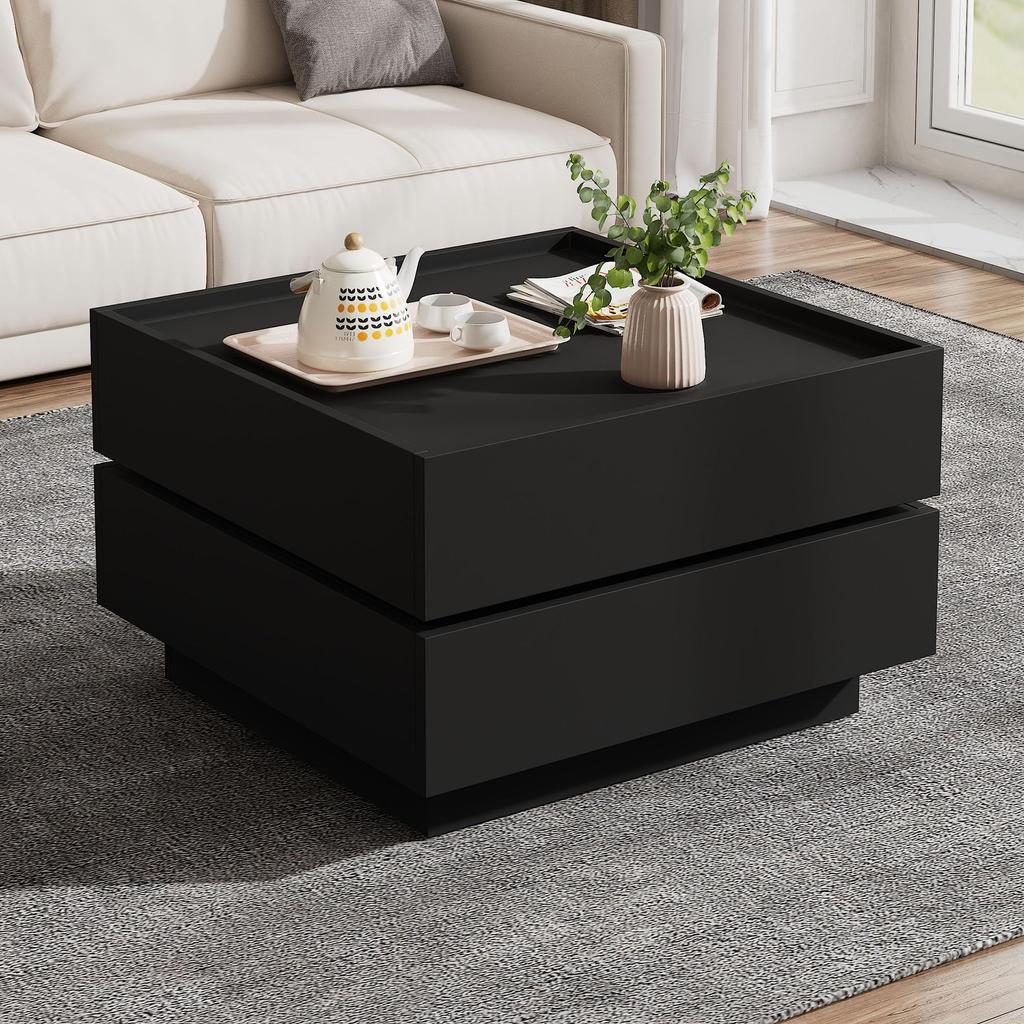 Couchtisch quadratische Drehbarer Moderner 2 Schubladen, kreativer Sofatisch Kaffeetisch, Beistelltisch Mitteltisch Home Office, Schwarz