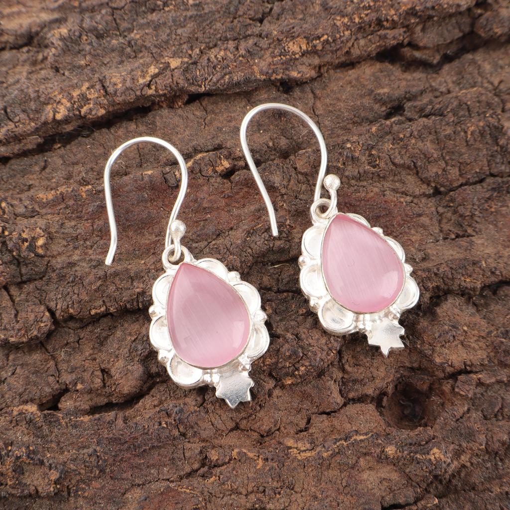 Cercei din Argint Sterling 925 Solid cu Ochi de Pisică Roz, Cercei Bijuterii cu Piatră Prețioasă Făcute Manual, Cadouri Pentru Soție Cercei Noutate