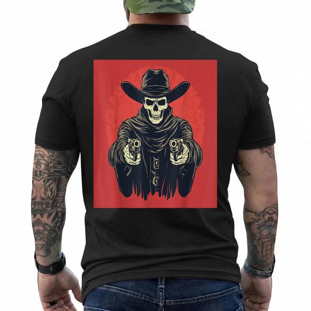 Western Grim Reaper Cowboy Wearing Hat Scythe Skull Art T-Shirt M