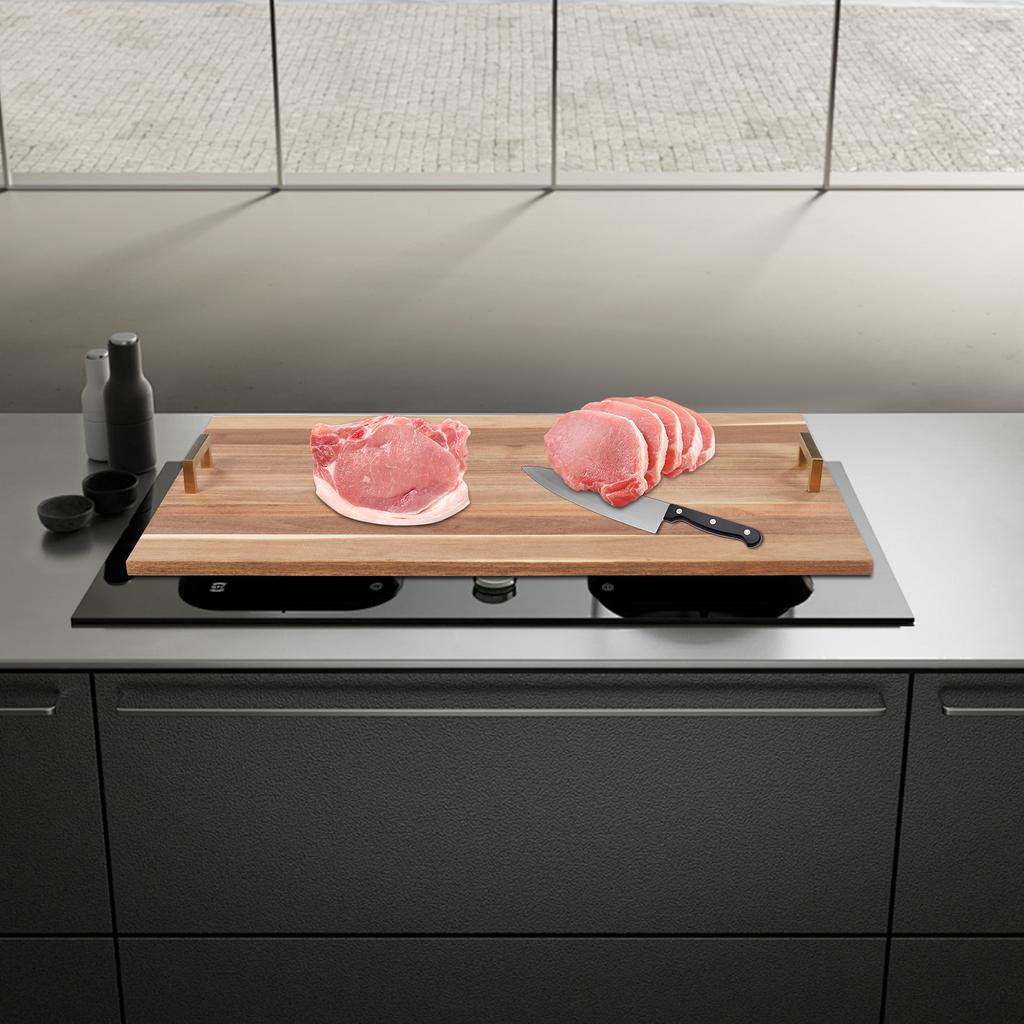 Acacia Wood Stove Top Cover W/ Gold Handles, Modern Rectangular Kitchen Countertop Protector - Max Load 20kg/44lbs, 29x21x0.5 In