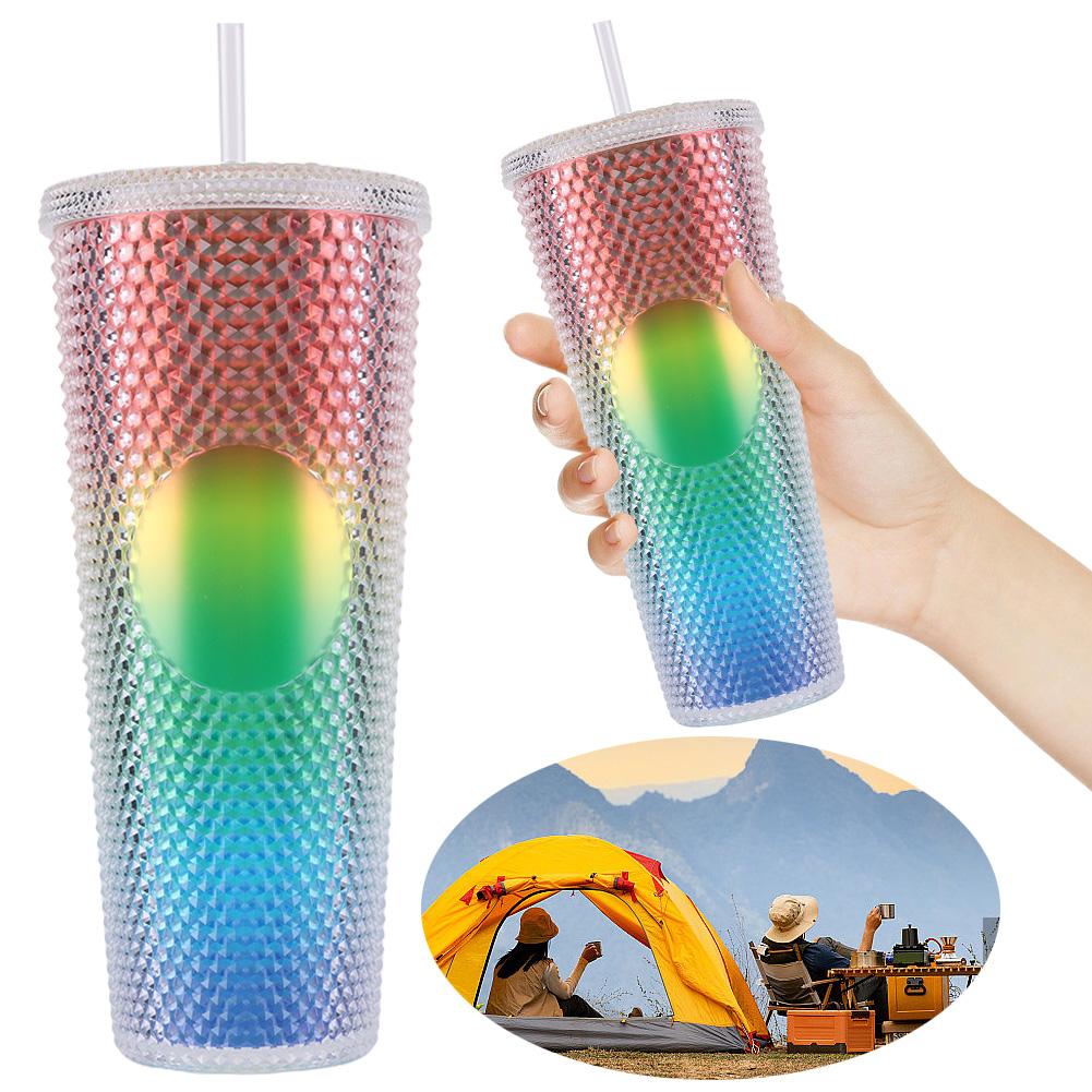 710ml Polymer Straw Cup Rhinestone Rivet Cup Double-Walled Water Tumbler Large Capacity Travel Mug Designed For Home and Outside High Quality