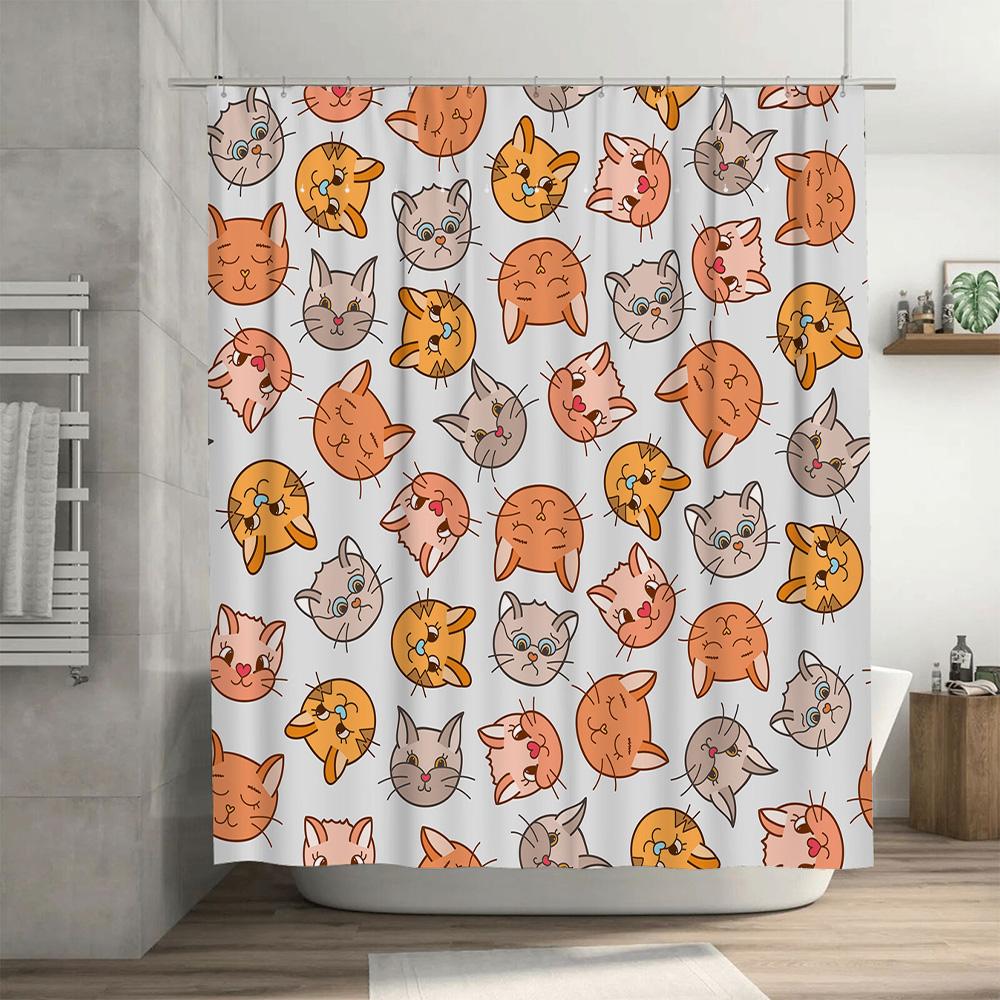 Adorable Cartoon Cat Shower Curtain White Bath Decor with Multicolored Cats for Bathroom Cute Home Decoration Accessories Perfec