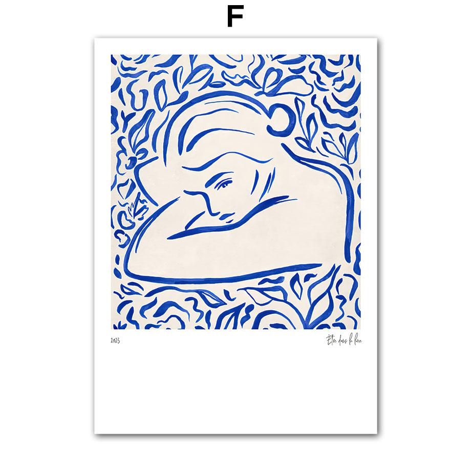 Wall Art Print Canvas Pictures Blue Girl Body Pigeons Line Minimalist Abstract Living Room Home Decoration Painting Poster Salon