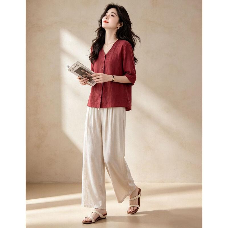 D.F.DEAR Women's Linen V-Neck Top & Wide-Leg Pants Set