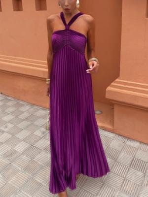 Vestido midi plisado liso elegante y sexy para mujer, vestido largo vintage chic sin mangas, moda femenina retro Y2k, sin espalda, ropa de fiesta nueva