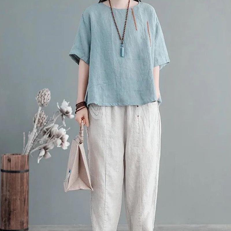 Plus Size M-3XL Women T-shirt Summer Short-sleeved Blouse O Neck Loose Fashion Vintage Embroidered National Style  Female Tops