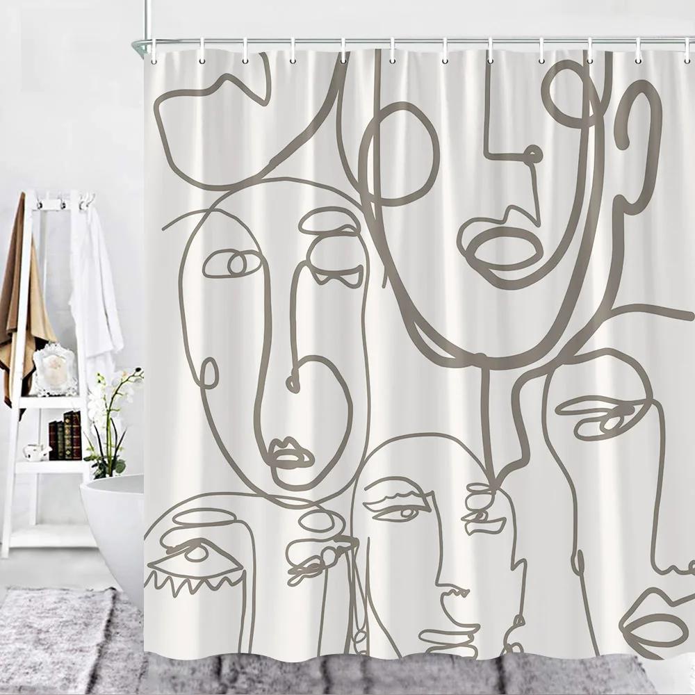 Abstract Face Shower Curtain Hooks Geometric Lines Face Simple Art Fabric Bathroom Decor Fabric Curtains Polyester Washable