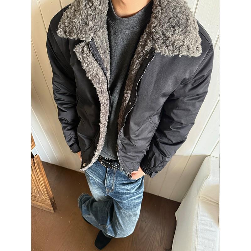 EME Yisheng Yi Men's American Style Winter Bomber Jacket with Fur Collar and Patchwork Design