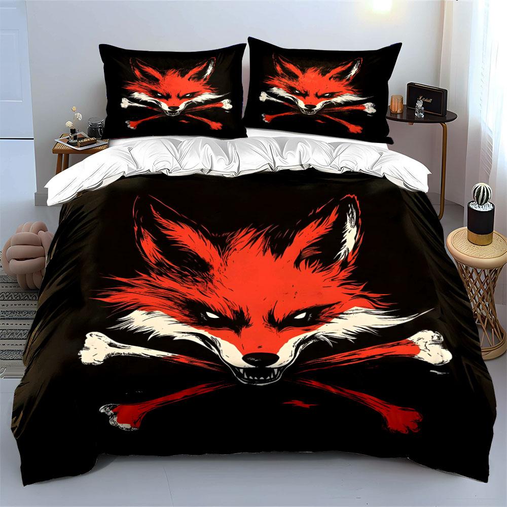 Red Fox With Crossed Bones Print Bedding Set 1 Duvet Cover 2 Pillowcases For Adult And Children Luxury Gift Full Size