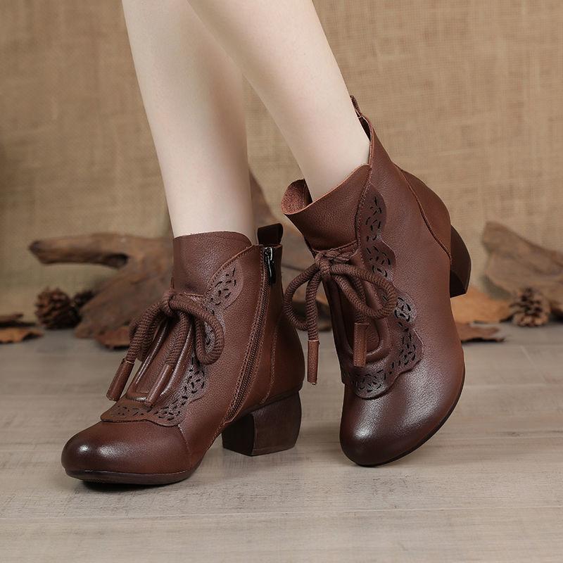 Jesienne bardzo miękkie skórzane buty w stylu etno retro, krótkie buty dla mamy, damskie, z okrągłym noskiem, na średnim obcasie, antypoślizgowa miękka podeszwa, średniej długości, buty damskie