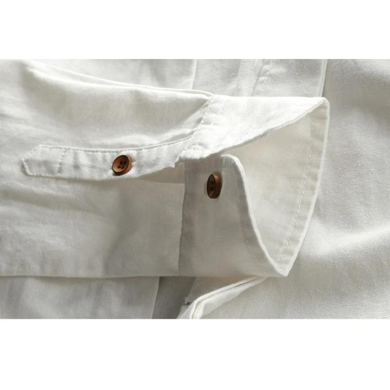 Japan Style Mens Linen Cotton Shirt Harajuku Stand Collar Long Sleeve Slim Fit Solid Color Male Casual Breathable Classical Tops