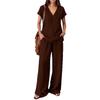 Women's V-Neck Short Sleeve Top and Wide Leg Pants Set in Light Green