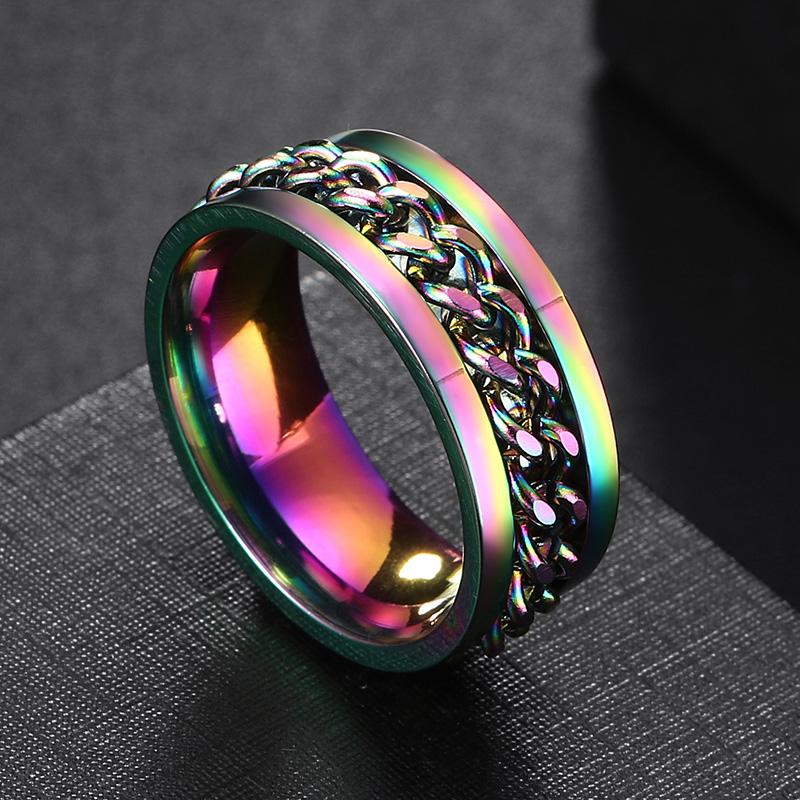 Spin Rotating Anxiety Fidget Titanium Rings For Men Colorful Stainless Steel Chain Finger Men Ring Punk Rock Hippie Accessory