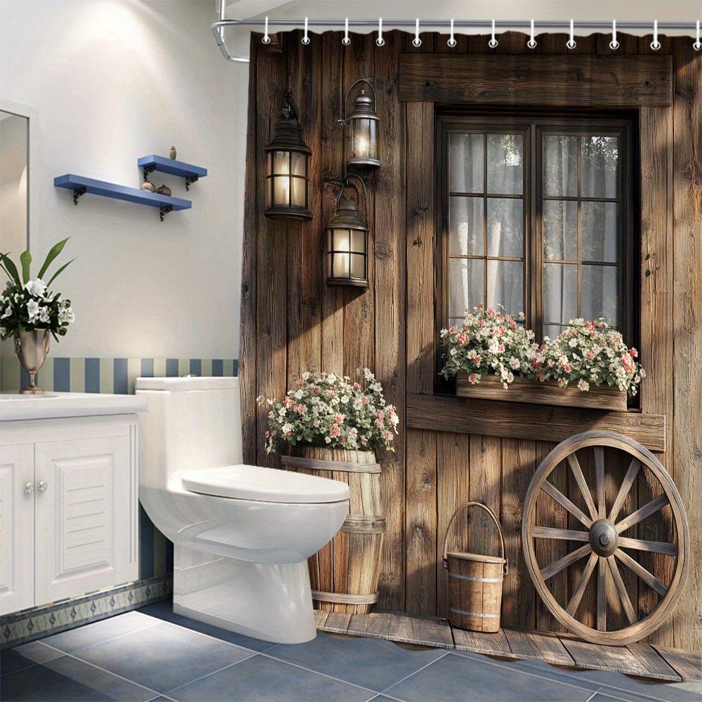 1 Stück rustikaler Holzhütten-Duschvorhang mit Vintage-Laternen, Wagenrad und Blumen-Pflanzkasten-Design - Maschinenwaschbar