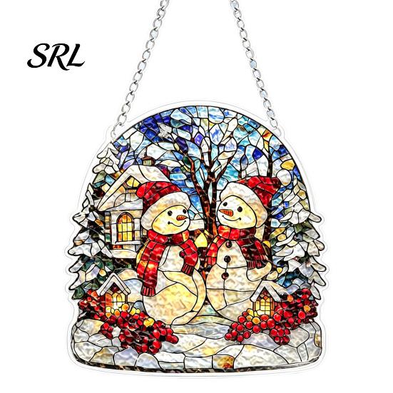Wall Hanging Festive Art Colorful Acrylic Suncatcher, Stained Glass Style Christmas Ornaments, Santa Claus Cute Cat Ornaments Snowman Pattern