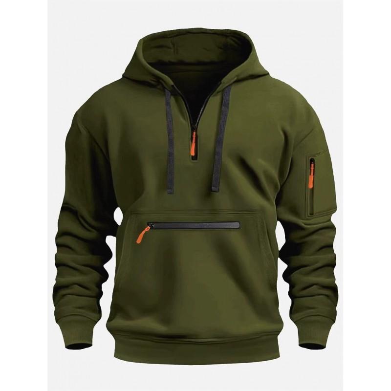 Mens Hooded Sweatshirt Casual Sports Pullover With Multi Pockets Waterproof Zipper Fall Winter