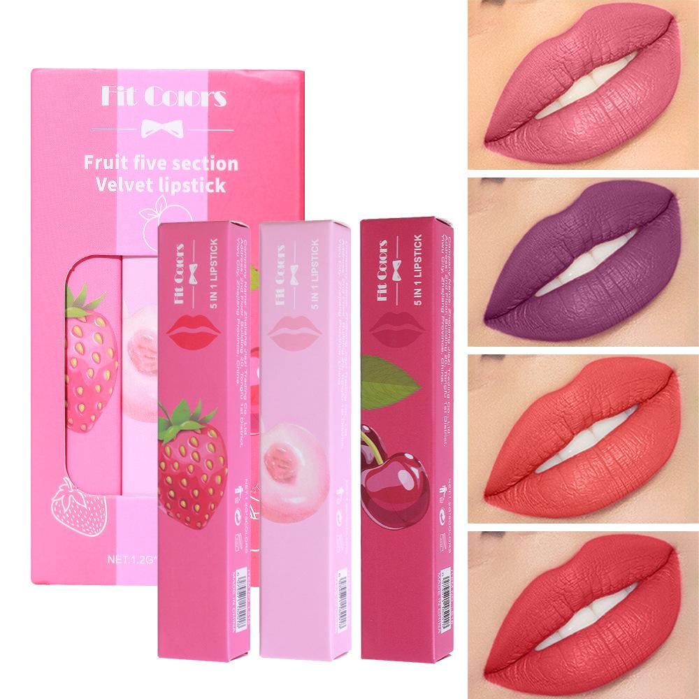 Fit Colors 3pcs 5-in-1 Stackable Velvet Matte Lipstick Set, featuring 5 sections multi-color long lasting pigmented lip balm makeup kit 3pcs