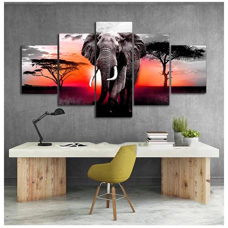 5 Paneler Elefantaffischer Canvasmålning Modern Heminredning Solnedgång Afrikanska Djurtryck Väggkonst Bilder Vardagsrum Utan Ram