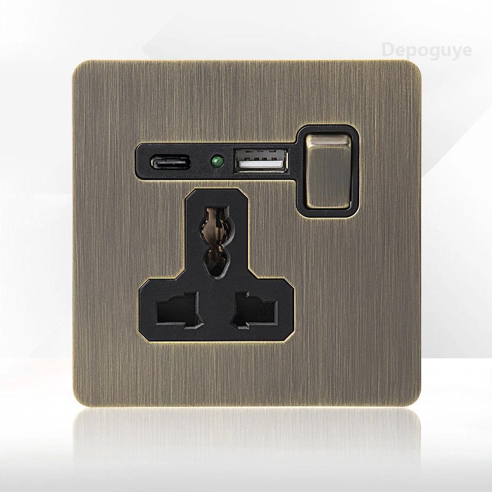 Retro Eu Metal Panel Wall Toggle Light Switch Socket,Bronzed Antique Stainless Steel German 16A Socket with USB Phone Charging