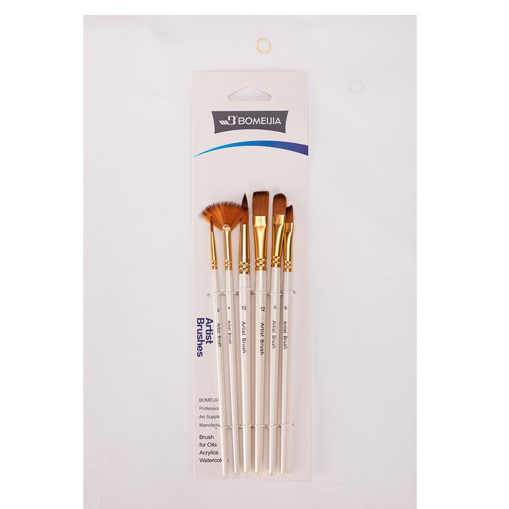 Six-Piece Nylon Hair Paintbrush Set with Pointed and Flat Heads for Acrylic, Watercolor, and Oil Painting - Pearlescent White