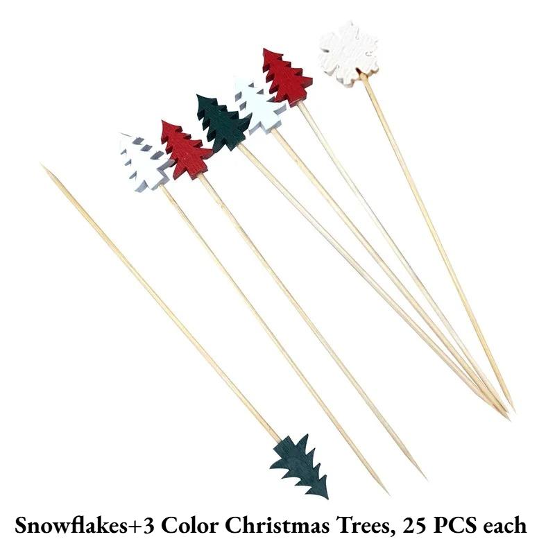 50/100Pcs Christmas Fruit Bamboo Skewers Santa Snowflake Tree Designs Disposable Bamboo Skewers for Party Dessert Cocktail Decor