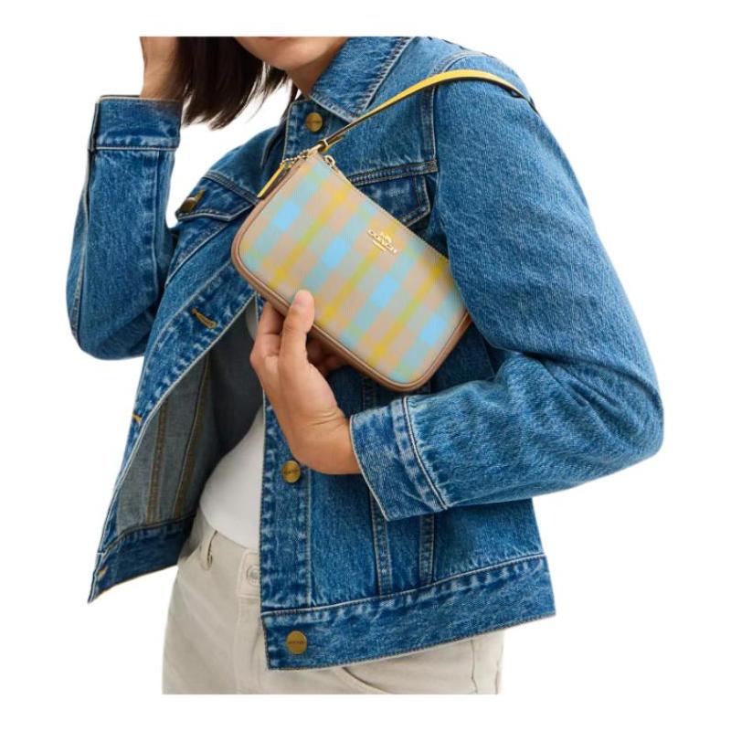 COACH Nolita 19 Plaid Print Top Zip Closure Recycled Polyester Shoulder Tote Small Women's Blue with Yellow