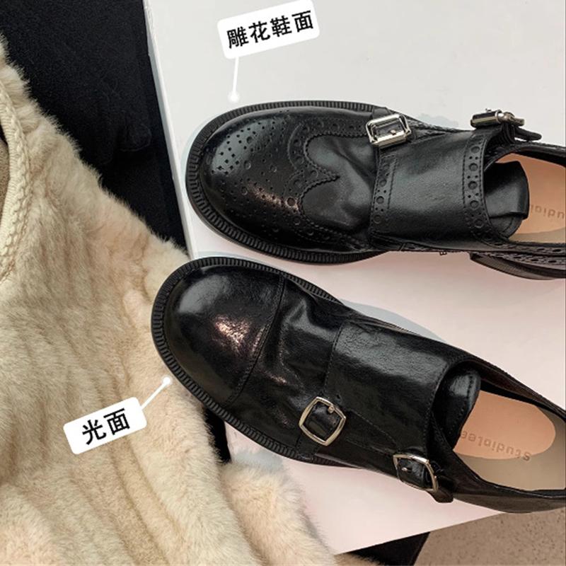 Women's British Style Carved Leather Shoes Flats Buckle Black Shoes 2025 Spring Fashion Slip On Loafers Casual Shoes