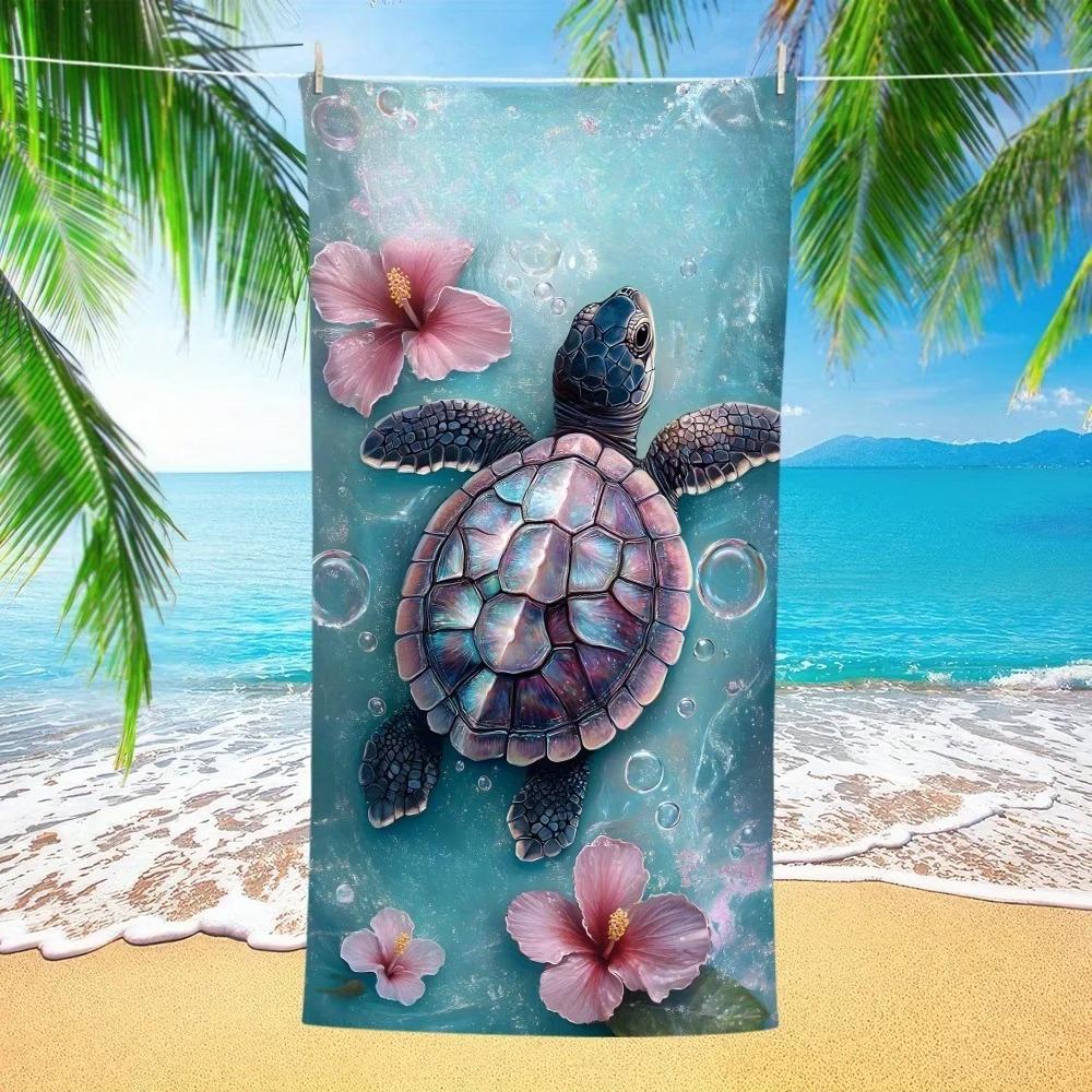 Personalisierbares Meeresschildkröten Strandtuch Mikrofaserhandtuch Schnelltrocknend Super Saugfähig Anti-Sand Hibiskusmuster Für Strandtuch