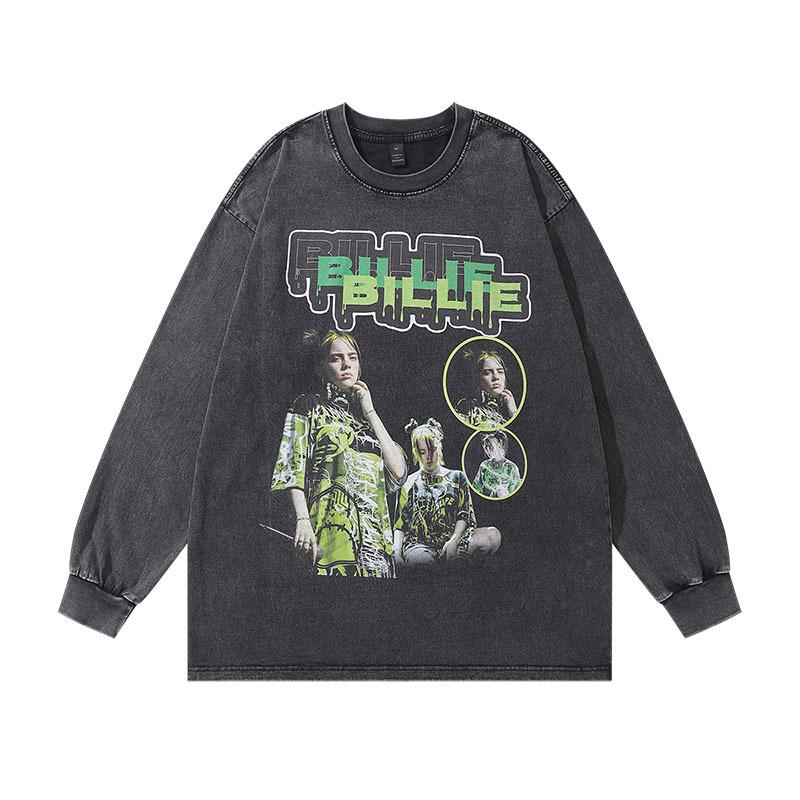 Trendy Brand Men'S T-Shirt American Hip Hop Vintage Retro Washed Pure Cotton Youth Loose Long-Sleeved T-Shirt Men