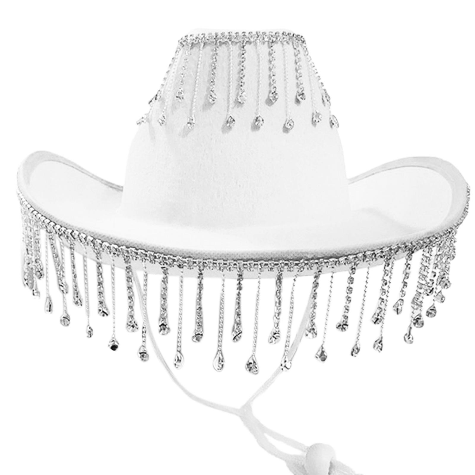 

Cowboy Hat with Rhinestones Fringe Glitter Rave Cowgirl Hat 58cm/23 Cap Circumference Fit for Adults Women Three Color білий