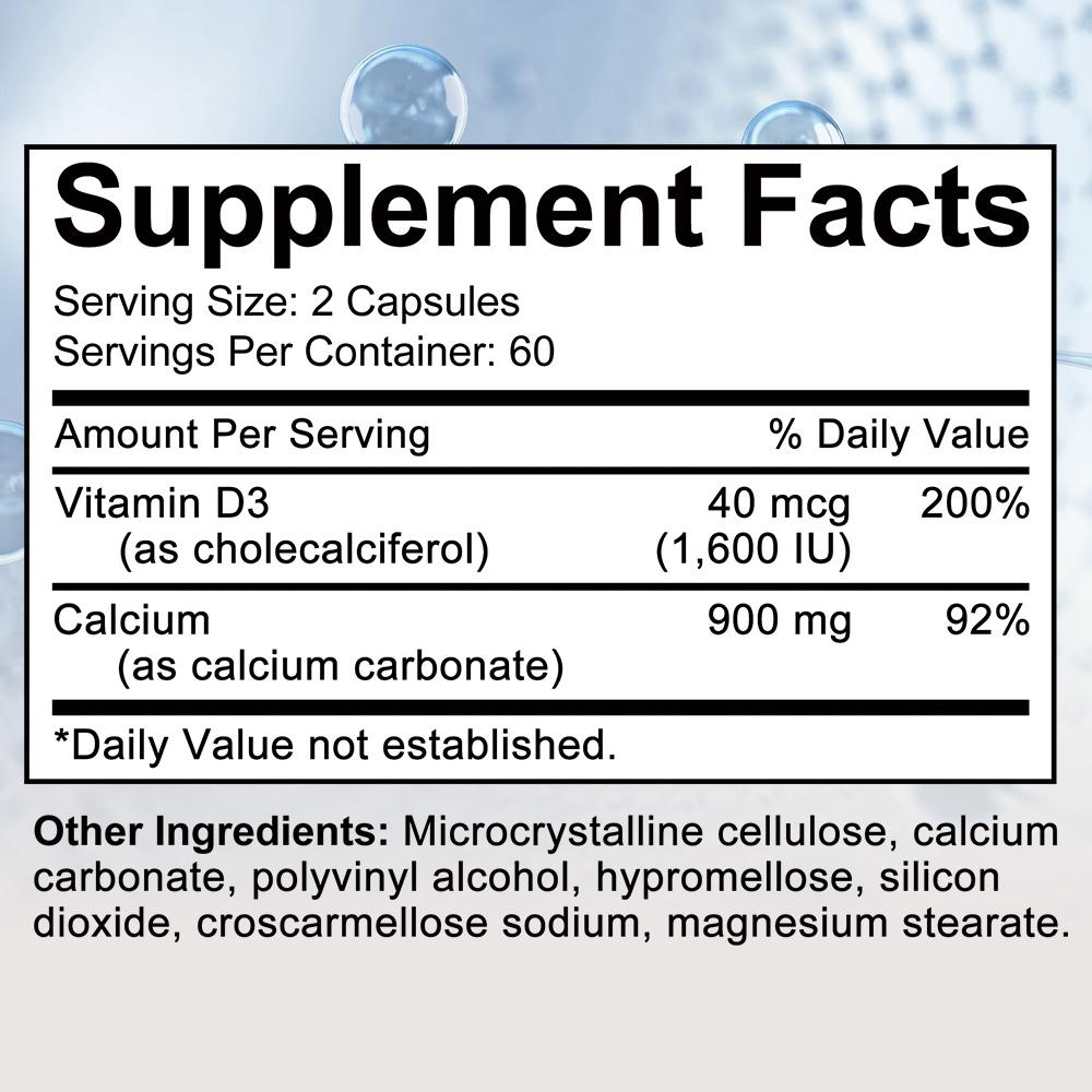 Calcium 900 Mg Dietary Supplement, With Vitamin D3 1600 IU, 120 Capsules Per Bottle