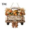 Decorative Door Sign for Fall Harvest Pumpkin Truck Hanging Front Door, Wooden with Holiday Wall Plaque Hemp Rope, Distressed Farmhouse Welcome Sign,