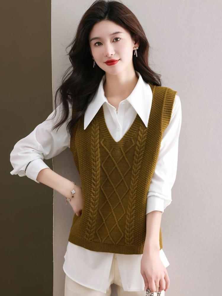 Pevná Vesta s copánkovým vzorem s výstřihem do V, Vintage bezrukávový volný svetr, Dámské oblečení
