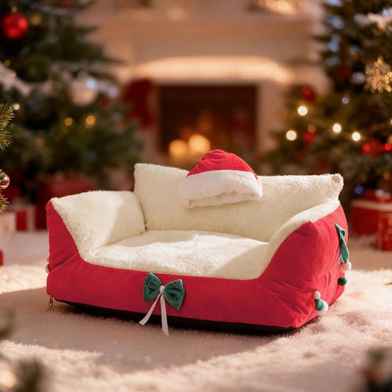 Christmas Cat Bed Fluffy Pet Sofa Bed with Removable Washable Cover Cozy Plush Cat Sofa for Winter Holiday Indoor Cats Rest Play