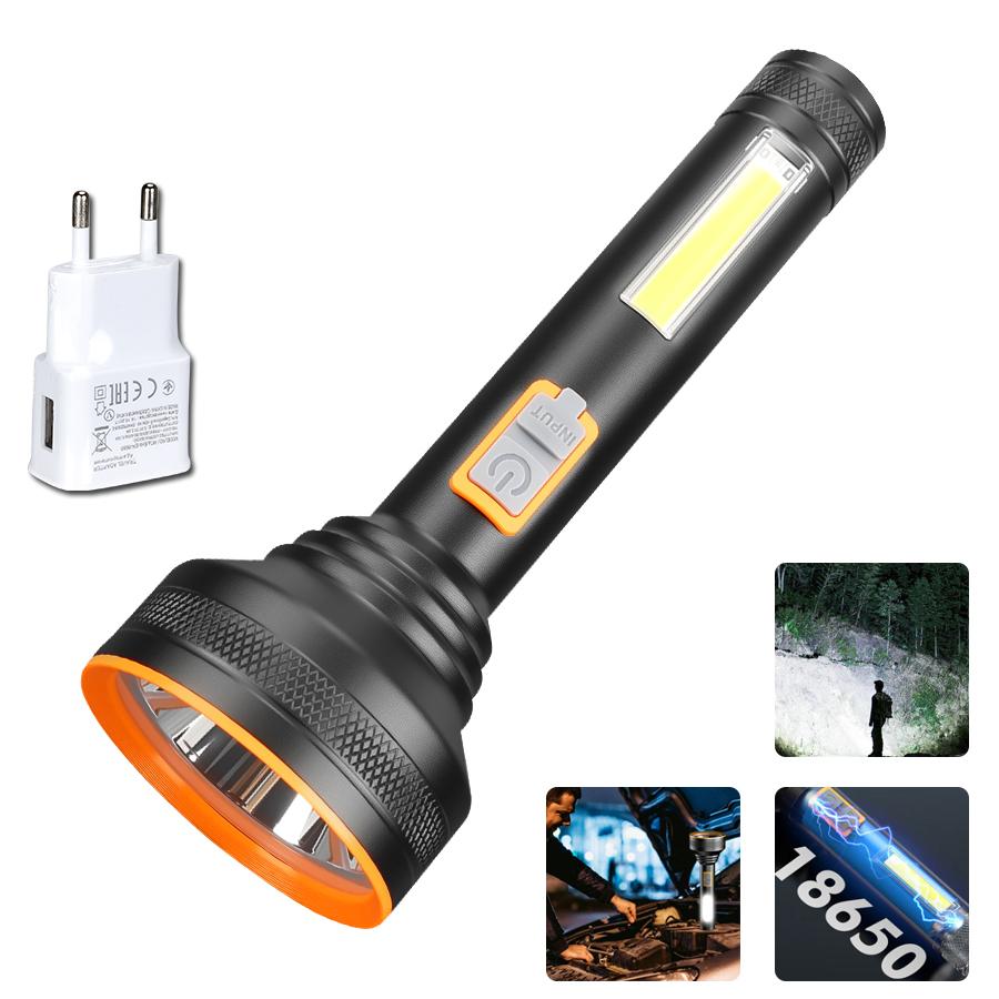 Strong Light Led Flashlight with Cob Side Light Portable Type-C Rechargeable Torch Aluminum Lantern for Patrol Camping Hiking