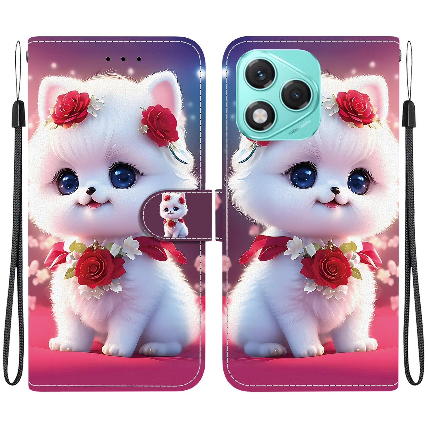 

For Honor 400 Lite 5G Leather Case Stand Wallet Pattern Printing Phone Cover with Wrist Strap Rose Cat