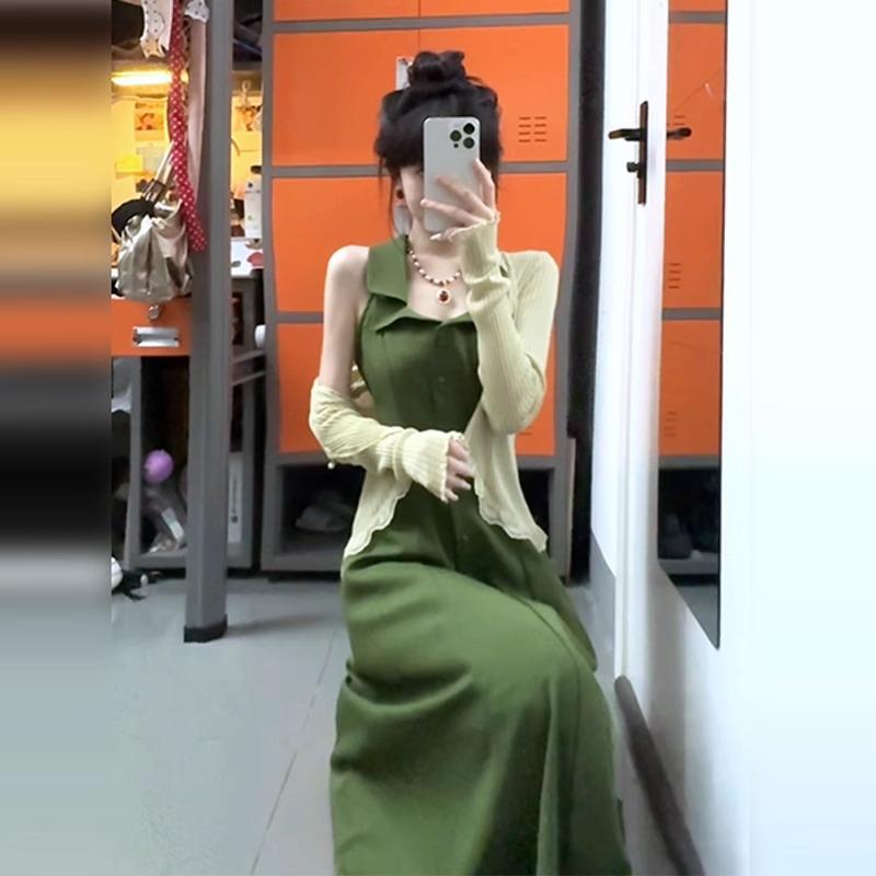 New Chinese sleeveless green neck sling dress for children's summer new waist temperament vest long dress