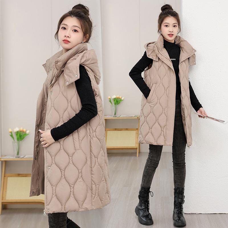 Autumn and Winter Women's Solid Color Vest Hooded Loose Long Windproof Warm Sleeveless Women's Jacket