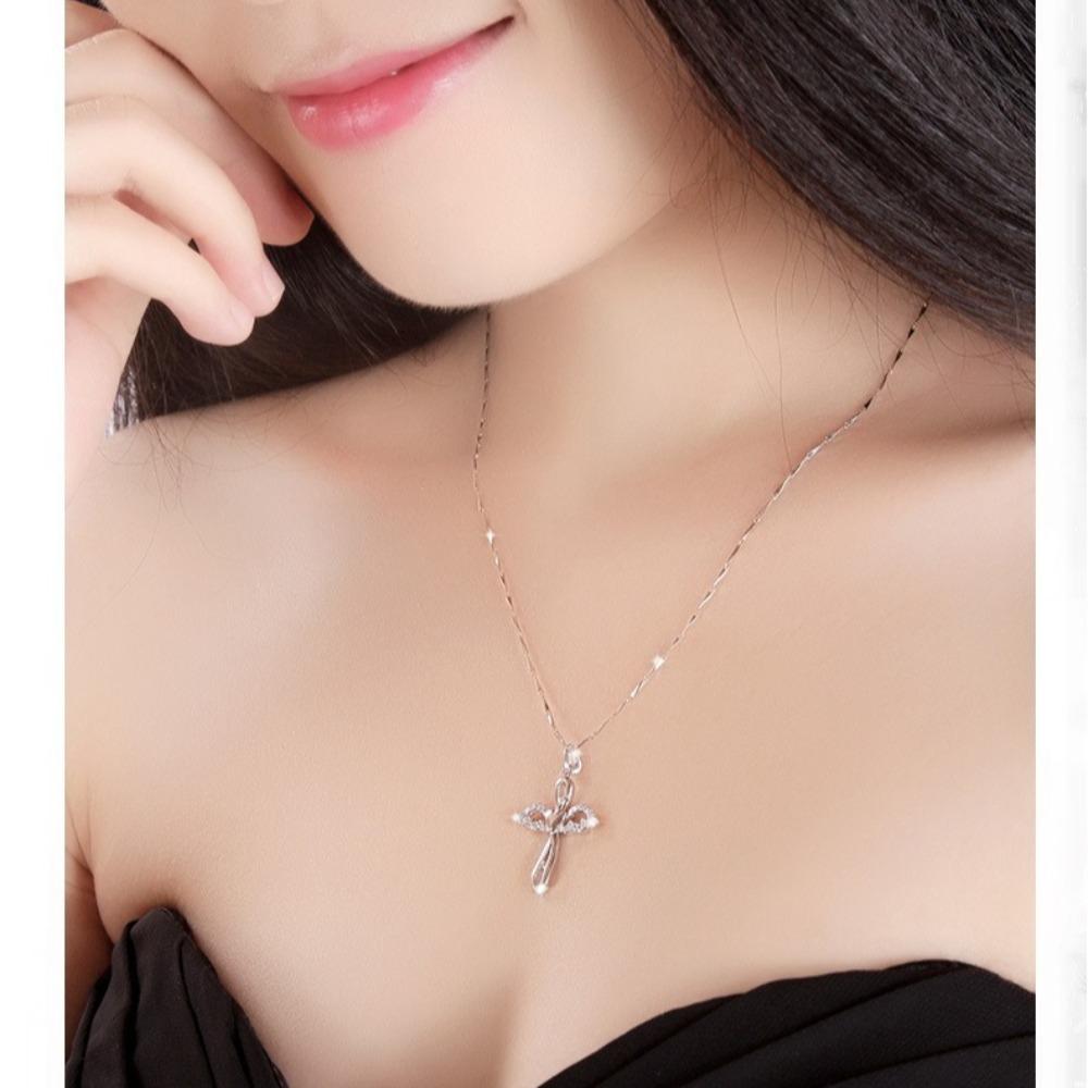 925 Silver Plated Cross Pendant Necklace for Women Angel Wing Cross Chain Collarbone Jewelry