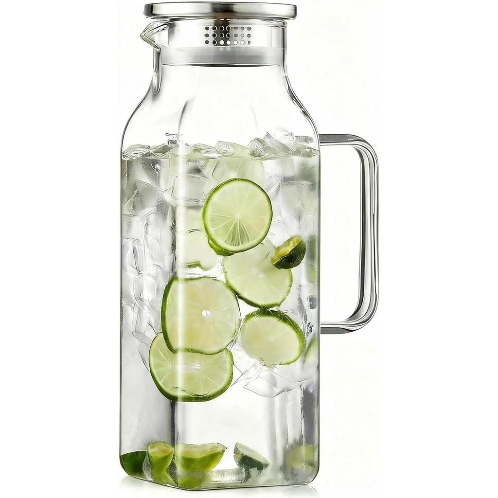 Glass Water Pitcher, 2 Liter/68 oz Square Glass Pitcher with Lid and Handle, Clear Heat Resistant Glass Water Jug Carafe Juice Container for Hot Tea