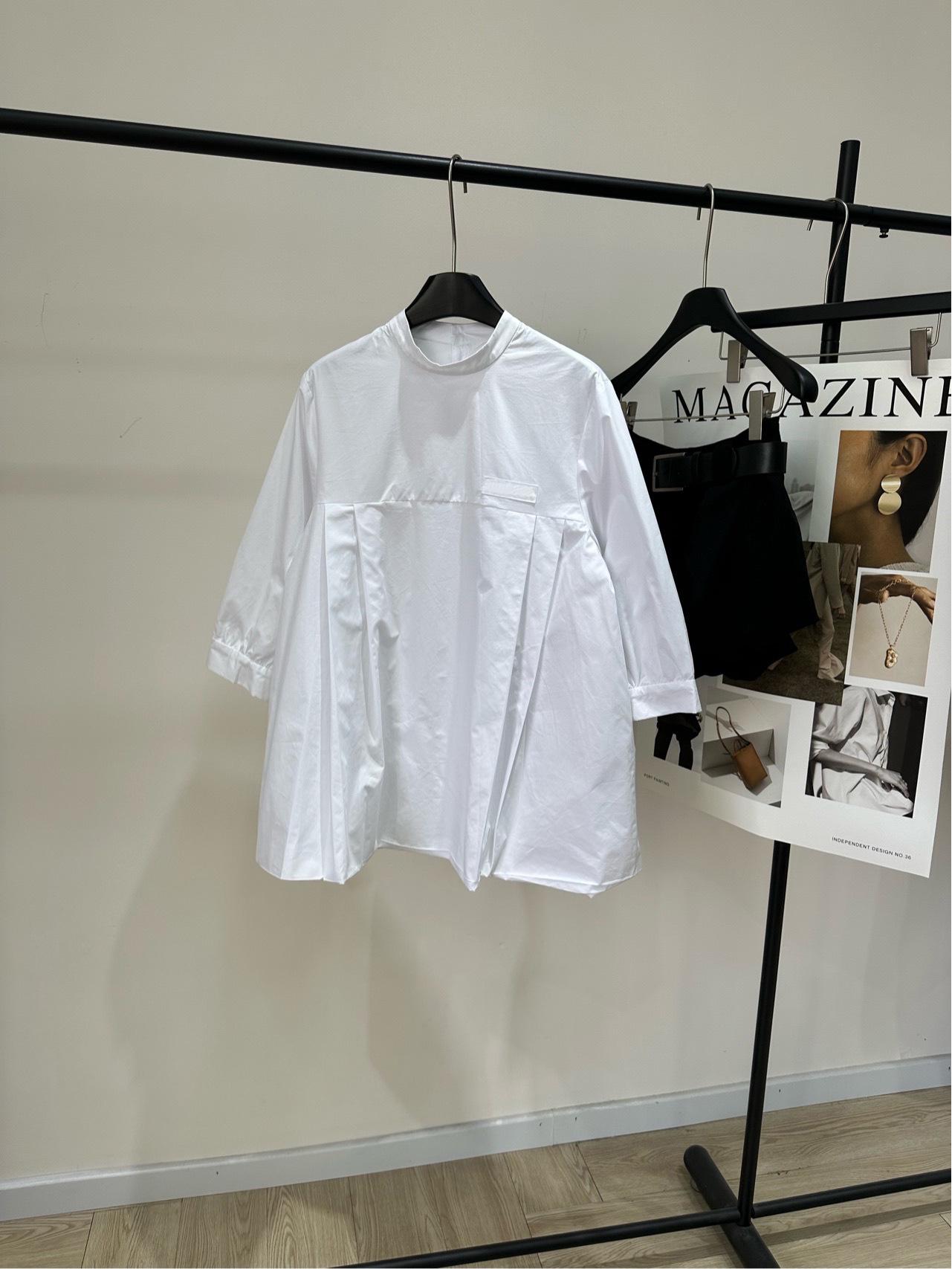 2025 Autumn/Winter White Palace Mid-Sleeve Logo Pleated Stand Collar Shirt - Loose Fit, Slimming Mid-Length Women s Top Small