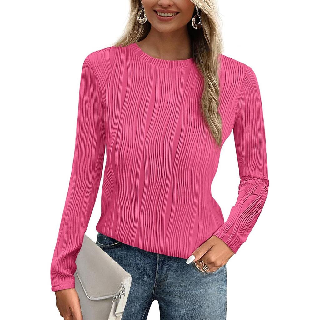 Women's Fashion Round Neck Long Sleeve T-Shirt Solid Color Textured Bottom Top