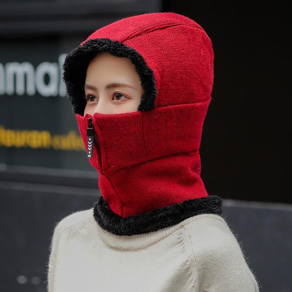 Thickened Knitted Scarf Hat Zipper Knitted Balaclava Cap Soft Hooded Thermal Cap  Autumn