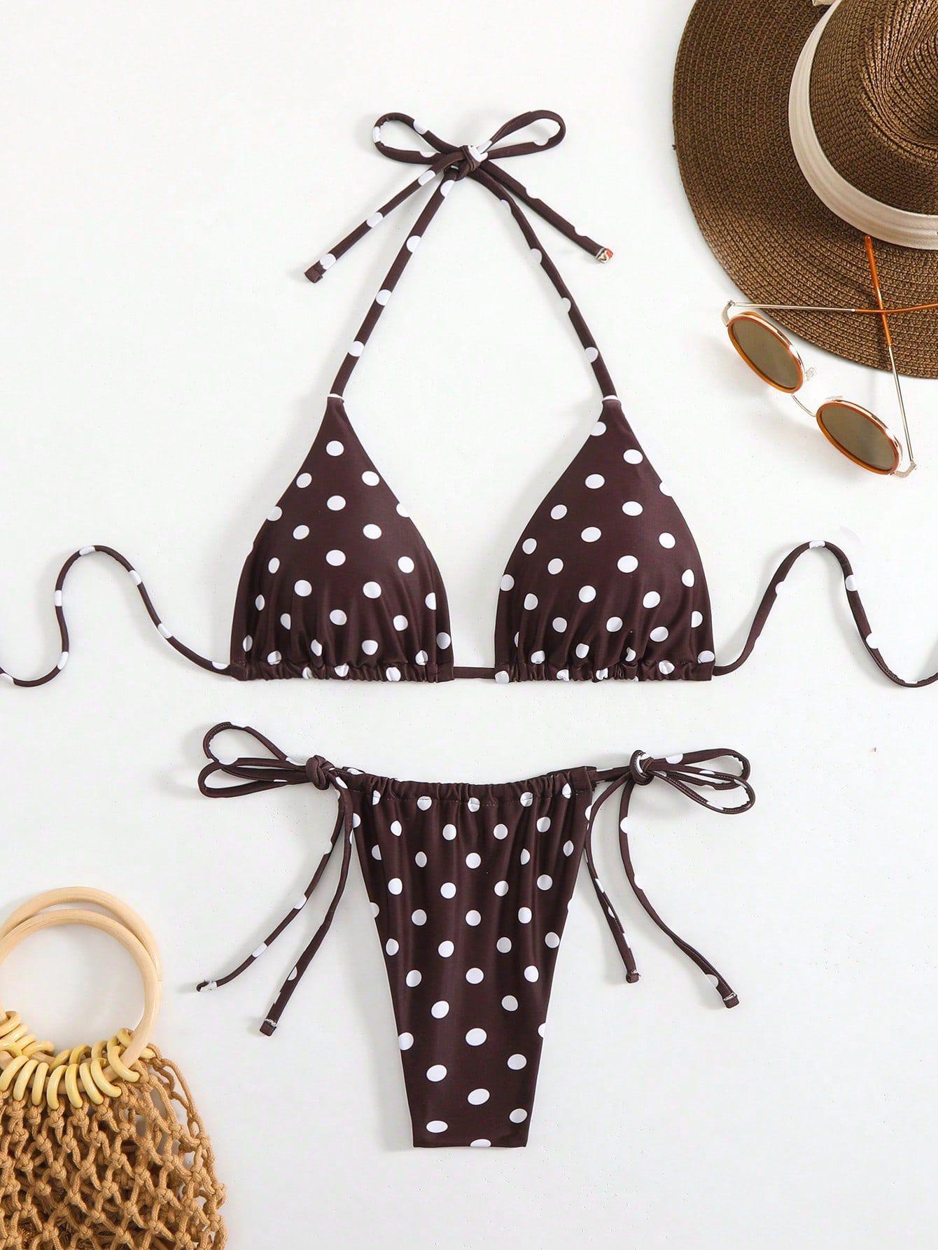 sexy polka dot print micro mini bikinis sets two pieces halter tie swimsuits beachwear bathing suit swimwear biquini tankini S кофейный