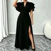Plus Size Women Summer V Neck Ruffle Sleeve Waisted Slit Solid Midi Dress