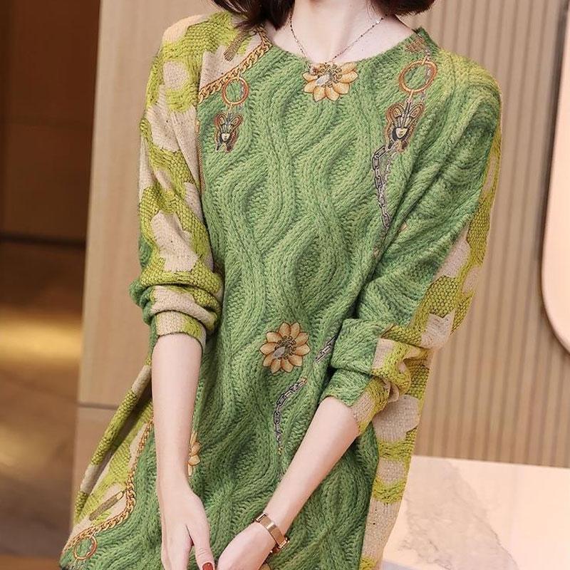 Modischer Vielseitiger Bedruckter Strickpullover Rundhals und Jacquard Lockere Passform