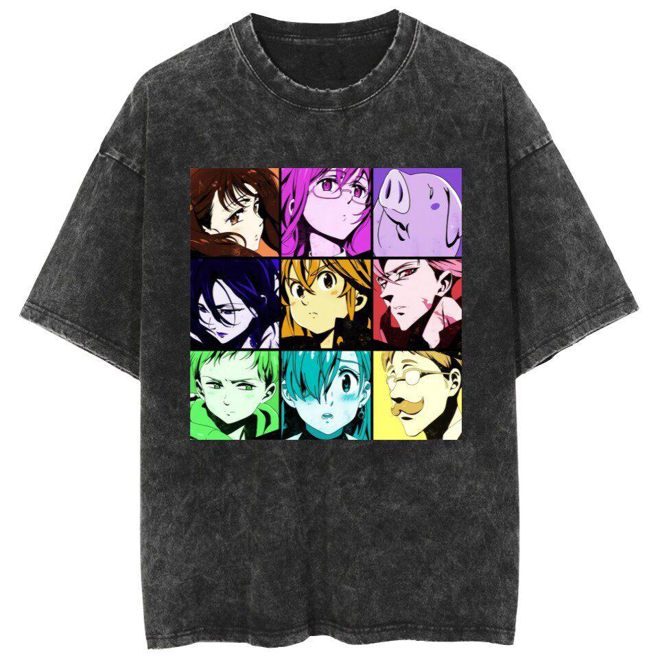 Hot Washed T-shirt "The Seven Deadly Sins" - Cartoon Loose Couple Short Sleeve Shirt
