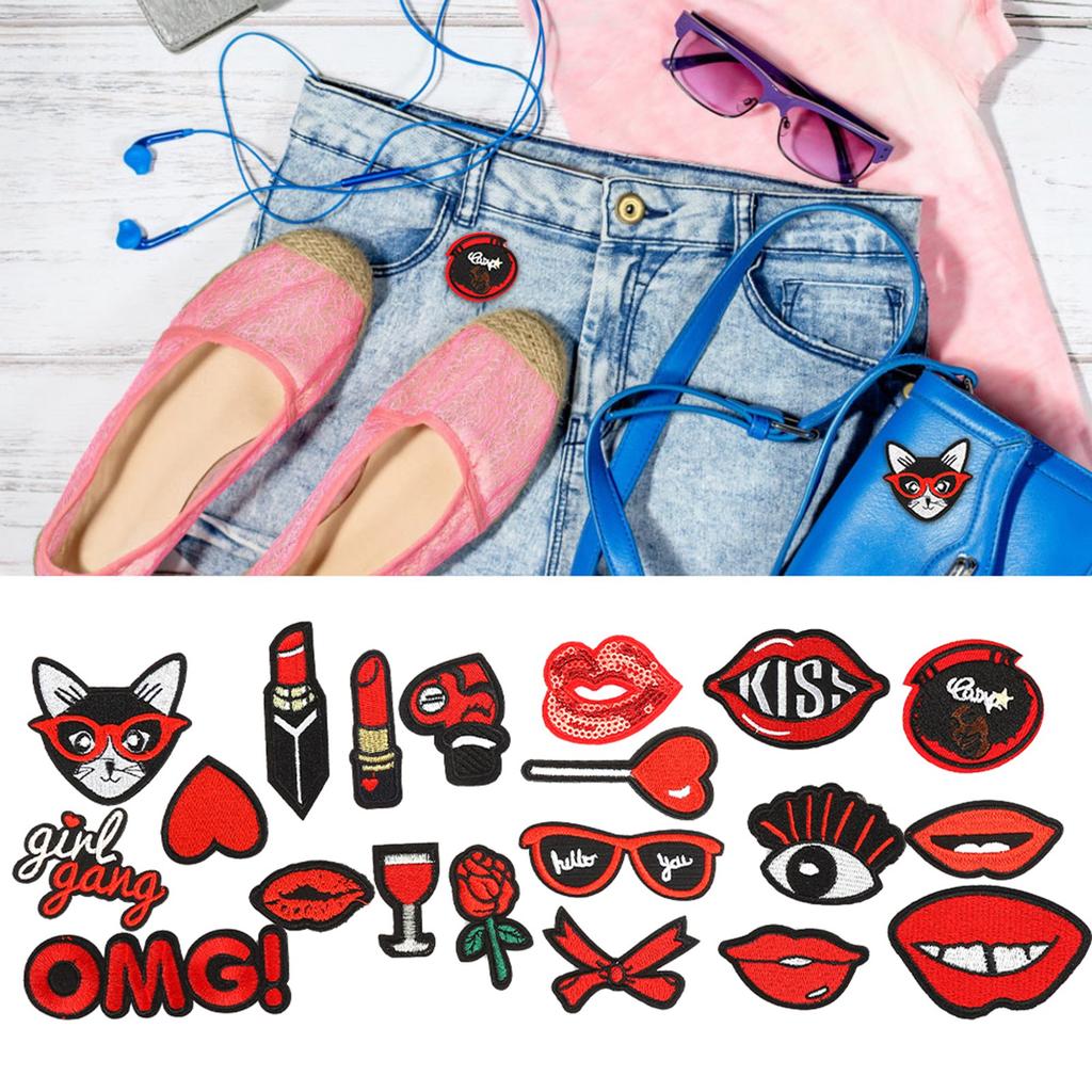 20 peças Patch Padrão Lábios Decorativo Batom Adesivo para Roupa Bordado Adesivo Patch Termocolante
