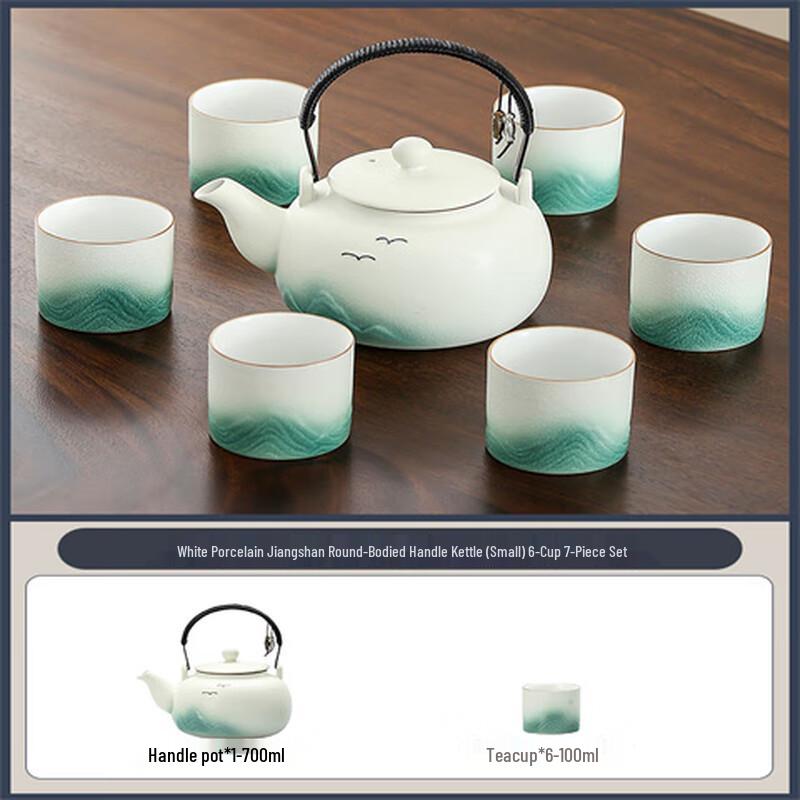 Lainuo White Ceramic Landscape Tea Set with Handle Teapot (7-Piece)
